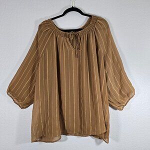 Torrid Sheer Peasant Blouse Top Women Size 3XL Brown Stripes Tie Boho Hippie